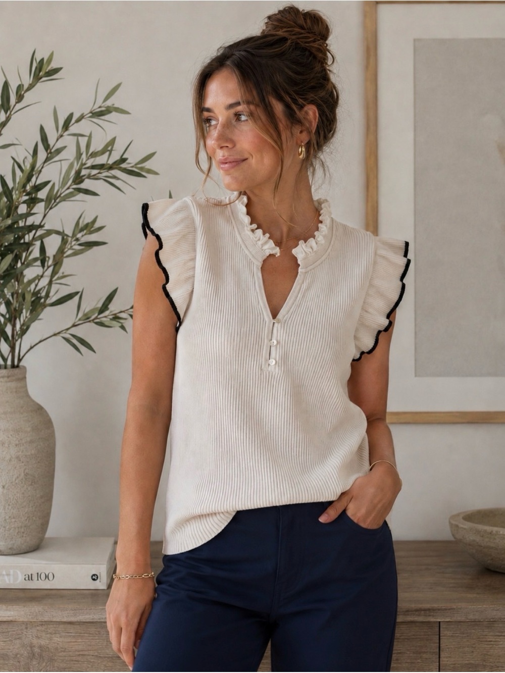 MELISSA NEPTON Ivey Cream Knit Ruffle-Sleeve Top with Navy Trim Size Large